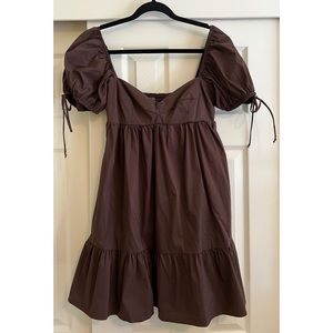 Olivaceous Brown Puff Sleeve Babydoll Dress